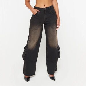 NWT Luxe To Kill Black/Brown Wash Oversized Cargo Jeans Size UK 4 US 0